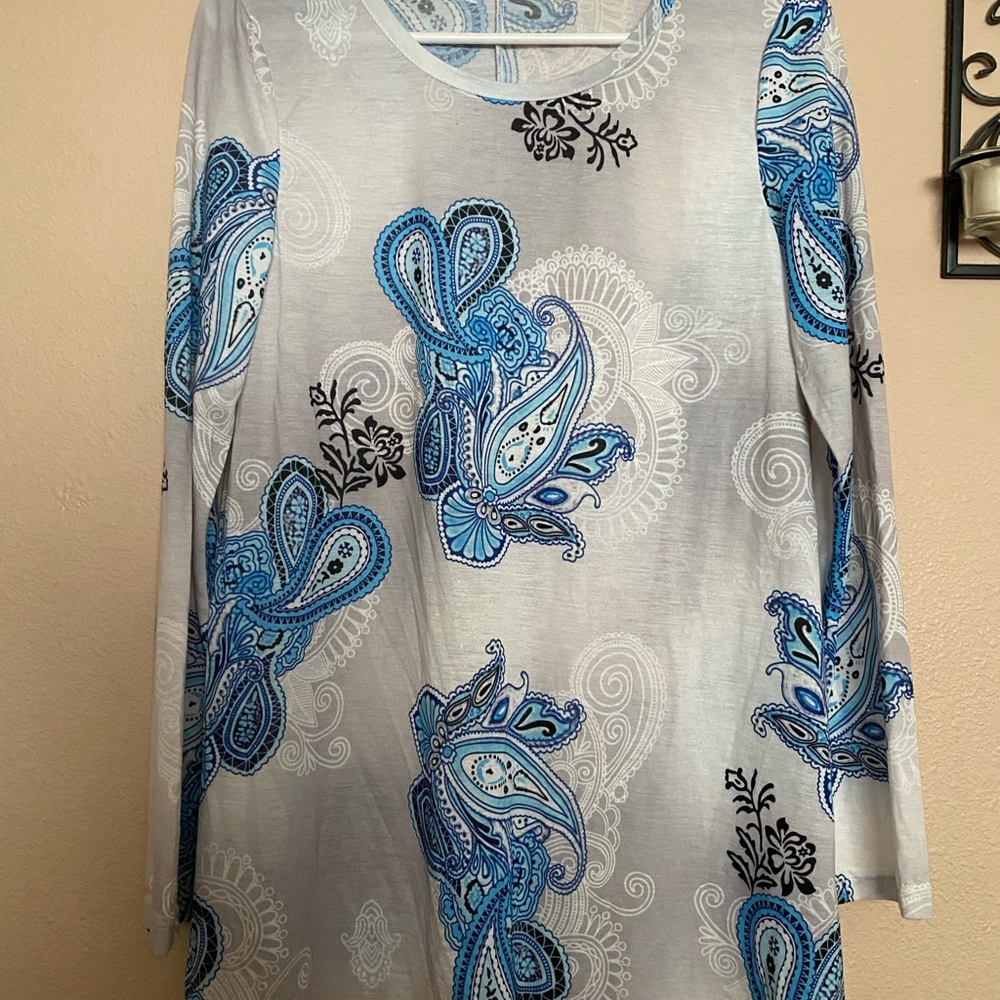 Chic Blue Paisley Long Sleeve Women's Top